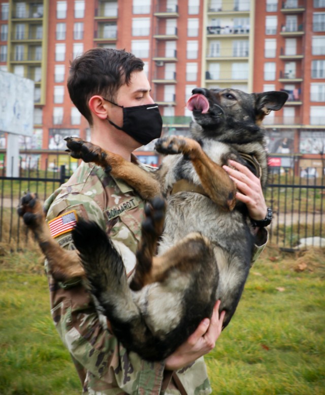 U.S. Army Cpl. Dustin Borchardt, a military dog handler with the 100th Military Police Detachment based out of Stuttgart, Germany, picks up his military working dog after she performed a bite suit demonstration in Ferizaj/Ferizaje, Kosovo, on Dec. 8, 2020. Borchardt and his dog Pearl travelled to the School of Agribusiness and Food Technology to share knowledge about working dogs and build a relationship with the local community. (U.S. Army National Guard photo by Staff Sgt. Tawny Schmit)