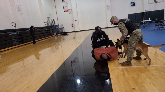 Law enforcement and security forces assigned to Joint Force Headquarters-National Capital Region and the U.S. Army Military District of Washington apprehend a suspect with assistance from the K-9 unit during an active shooter exercise held at the fitness center on Fort Lesley J. McNair Dec. 8. Photo by Capt. Tim HamptonLaw enforcement and security forces assigned to Joint Force Headquarters-National Capital Region and the U.S. Army Military District of Washington apprehend a suspect with assistance from the K-9 unit during an active shooter exercise held at the fitness center on Fort Lesley J. McNair.