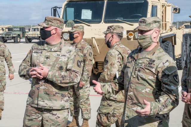 Army Materiel Command Commanding General, General Edward M. Daly, visited 69th Air Defense Artillery Brigade (ADA) at Fort Hood, Texas, Dec 18, 2020. The purpose of the visit is the highlight the modernization of the 69th ADA's motor pool and to lay out a strategic blueprint for the next 15 years across the army. (U.S. Army photo by Staff Sgt. Daniel Herman, III Corps Public Affairs)