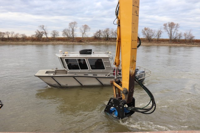 A Kansas City District work boat performs river bottom surveys while taking part in hydrodynamic dredging operations on the Missouri River November 11, 2020. The U.S. Army Engineer Research and Development Center brought the system to Kansas City...