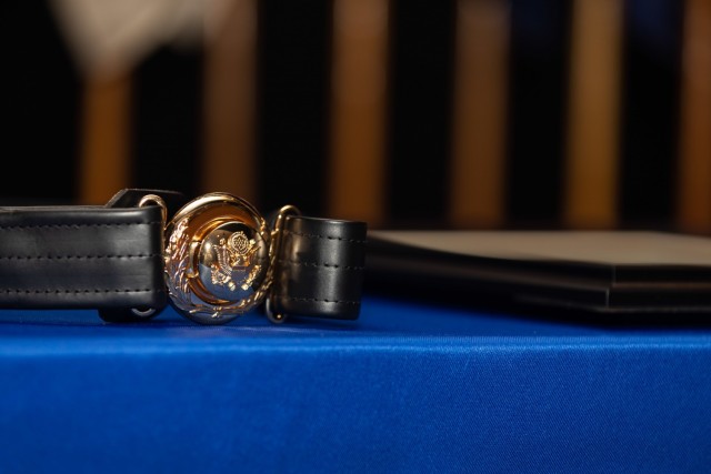 A general officer's belt sits on a table along with accouterments during the promotion of U.S. Army Reserve Col. Robert Powell Jr. Powell was promoted to brigadier general during a ceremony held at Fort Gordon, Georgia, Dec. 15, 2020. Powell will serve as the deputy commanding general 335th Signal Command (Theater) (U.S. Army photo by Capt. David Gasperson)