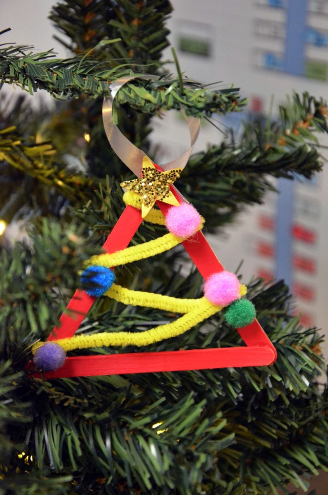 VICENZA, Italy - One of the one hundred homemade ornaments decorates a Christmas tree located in the quarantine building on Caserma Ederle. Many children from Girl Scouts, Cub Scouts, Club Beyond, Vicenza Elementary School and High School completed the ornaments and cards by Dec. 18.