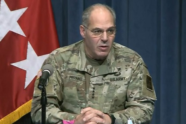 Army Gen. Gustave F. Perna, chief operating officer of Operation Warp Speed, briefs reporters on the progress of the COVID-19 vaccination distribution, Dec. 21, 2020.