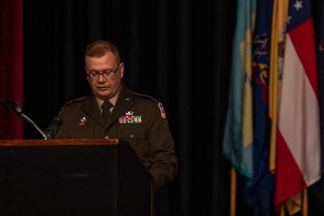 U.S. Army Reserve Brig. Robert Powell Jr. delivers remarks during his promotion ceremony at Fort Gordon, Georgia, Dec. 15, 2020. With the promotion, Powell will serve as the deputy commanding general 335th Signal Command (Theater) (U.S. Army photo by Capt. David Gasperson)