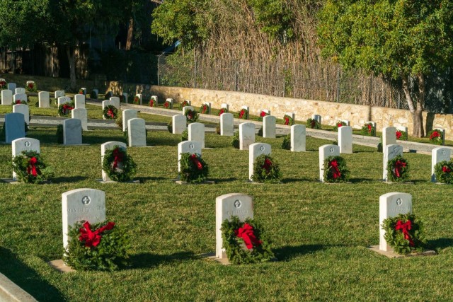 The Presidio of Monterey cemetery adorned with holiday wreaths during the fourth annual Wreaths Across America event on Saturday, December 19.