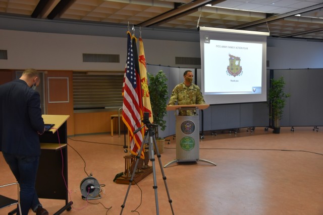 WIESBADEN, Germany – Garrison Commander Col. Mario Washington speaks at the 37th Army Family Action Plan conference outbrief Dec. 18 at Army Community Service. The entire conference was conducted virtually this year for the first time.