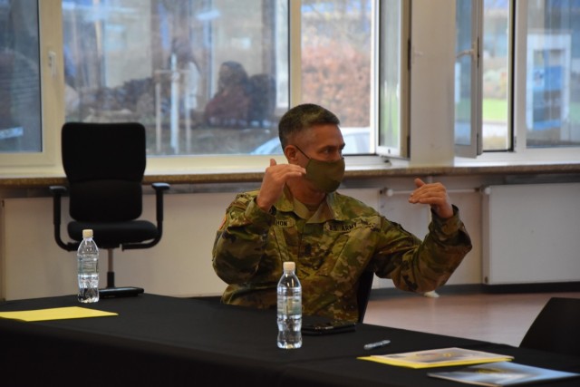 WIESBADEN, Germany – Garrison Command Sgt. Maj. Christopher Truchon speaks at the 37th Army Family Action Plan conference outbrief Dec. 18 at Army Community Service. The entire conference was conducted virtually this year for the first time.