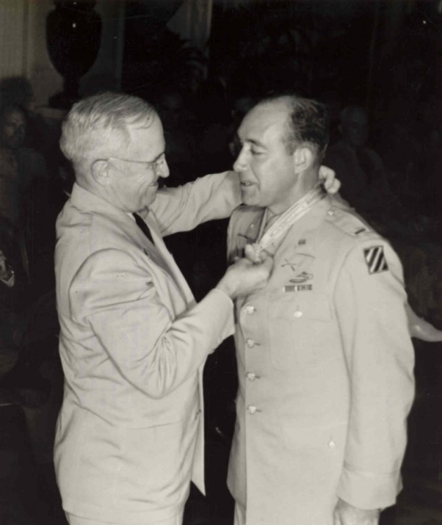 Army Capt. Eli Whiteley receives the Medal of Honor from President Harry S. Truman during a White House ceremony, Aug. 23, 1945.