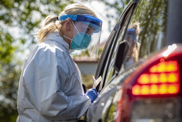 A West Virginia National Guard Airman provides a COVID-19 test to a citizen on May 22, 2020, in Charleston, W.Va. (U.S. Air National Guard Photo by Staff Sgt. Caleb Vance)