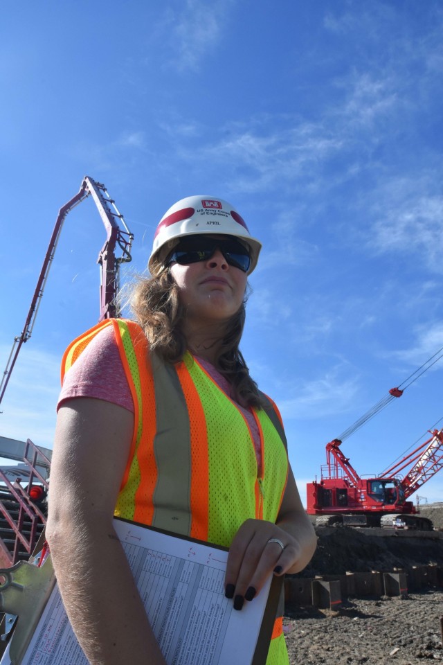 April McCann, U.S. Army Corps of Engineers, St. Paul District construction representative, inspects the Fargo-Moorhead Metro Diversion Inlet structure, near Horace, North Dakota, Aug. 11.