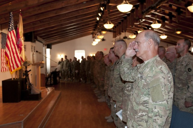 BAGRAM AIRFIELD, Afghanistan – Memorial ceremony for Sgt. 1st Class Terryl Pasker, previously assigned to the 334th Brigade Support Battalion, at the Enduring Faith Chapel, July 13, 2011. (U.S. Army photo by Spc. Leslie Goble, Task Force...