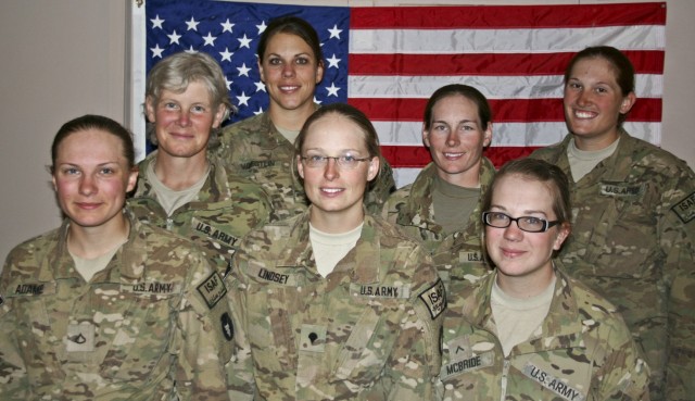 LAGHMAN PROVINCE, Afghanistan - The Female Engagement Team for 1st Battalion, 133rd Infantry Regiment Jan. 30 at Forward Operating Base Mehtar Lam, Afghanistan. The team members are (front row, left to right), U.S. Army Pfc. Shannyanne Adame, a...