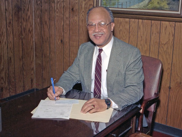 Robert Swint, at the time Assistant Deputy for Systems and Logistics, Integrated Materiel Management Center, Tank-automotive and Armaments Command, during a signing ceremony for the Directorate for Materiel Management at the Detroit Arsenal,...