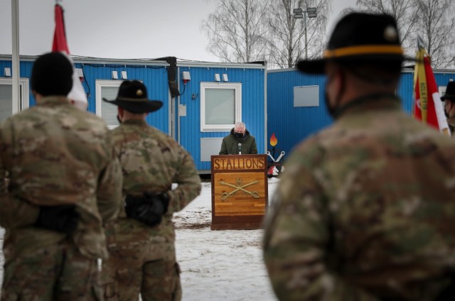 Recently appointed Lithuanian Minister of Defense Arvydas Anusaukas welcomes 2nd Battalion, 8th Cavalry Division, 1st Armored Brigade Combat Team, 1st Cavalry Division to the Pabrade Training Area, Lithuania on Jan. 4, 2021, during a color...