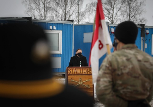 U.S. Ambassador to Lithuania Robert Gilchrist welcomes the Troopers of 2nd Battalion, 8th Cavalry Regiment, 1st Armored Brigade Combat Team, 1st Cavalry Division to the Pabrade Training Area during a Jan. 4, 2021, color uncasing ceremony. “What...