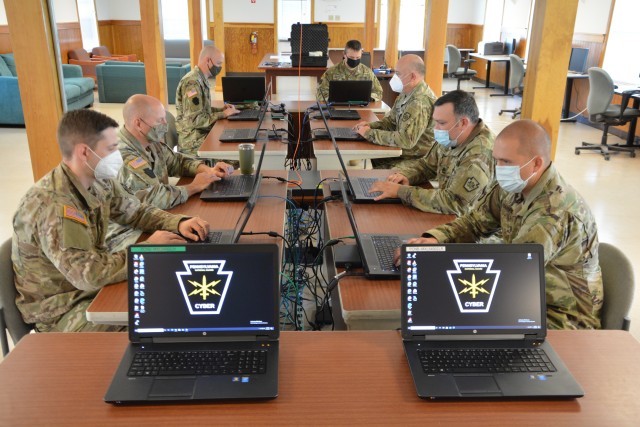 Pennsylvania National Guard Soldiers with the Defense Cyber Operations Element participate in Cyber Shield 20 at Fort Indiantown Gap, Pennsylvania, Sept. 20, 2020. In total 16 PNG Soldiers joined more than 800 National Guard Soldiers and Airmen from more than 40 states for the exercise designed to sharpen their skills as network defenders from Sept. 12-27.