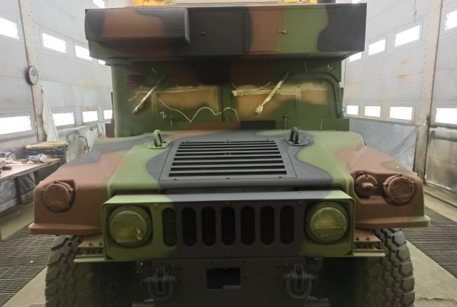 An Army humvee gets a facelift and a fresh coat of paint at Leghorn Army Depot’s paint shop in Livorno, Italy. The humvee is one of 55 vehicles being re-painted that belong to the 405th Army Field Support Brigade’s Army Prepositioned Stock-2.
