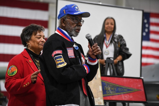 Tuskegee Airman Theodore Lumpkin speaks during a visit to Hill Air Force Base, Utah, April 20, 2018. Lumpkin served as an intelligence officer assigned to the 332nd Fighter Group during World War II. Last month, Lumpkin died from COVID-19 in Los...