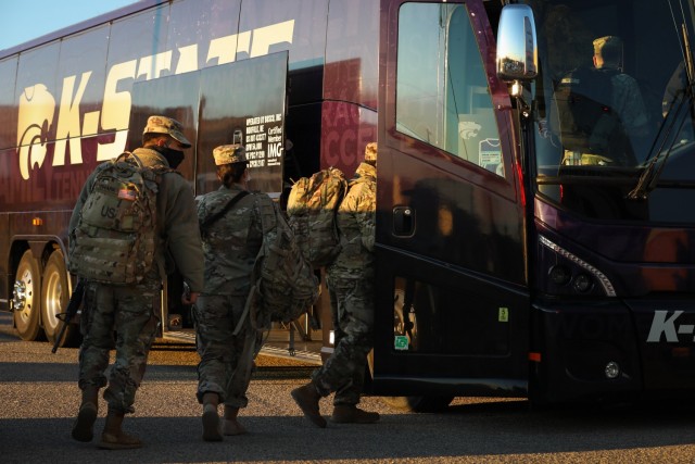 The deployment for 541st Combat Sustainment Support Battalion, 1st Sustainment Brigade, 1st Infantry Division is officially underway with the departure of the battalion’s headquarters company from Fort Riley, KS, on December 22nd, 2020.

The headquarters company Soldiers board busses that will take them to the airport. 