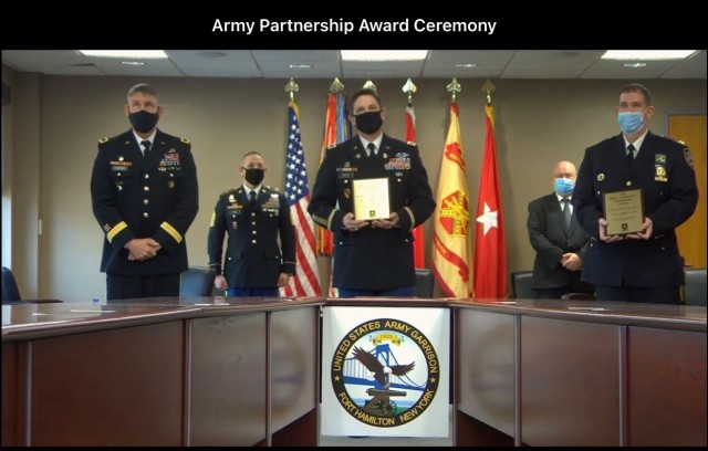 During a virtual ceremony hosted by the Assistant Secretary of the Army for Installation, Energy and Environment, local leadership presented the award to NYPD partners, Jan. 13, 2021. Brig. Gen.Thomas J. Tickner, Fort Hamilton’s senior...
