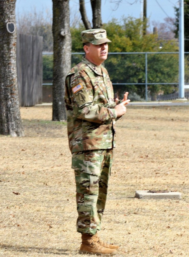 U.S. Army Command Sgt. Maj. Michael Lopez, senior enlisted advisor for 3-312th Training Support Battalion, Fort Meade, Maryland, addresses Soldiers form the unit commending them on their hard work and effort during the mobilization process and...