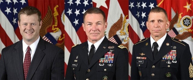 From L to R: Ryan D. McCarthy, Secretary of the Army; James C. McConville, General, United States Army; Michael A. Grinston, Sergeant Major of the Army