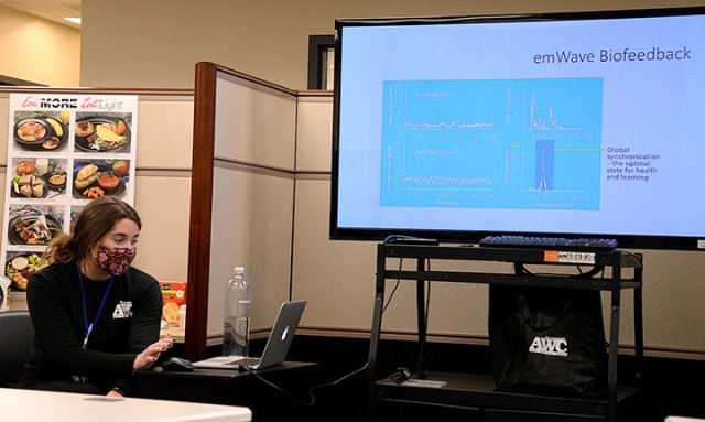 Sydney White, health educator, leads staff training on biofeedback software used in stress management assessments Jan. 8 at the Army Wellness Center in Eisenhower Hall. The Army Wellness Center is offering free online classes on stress management,...