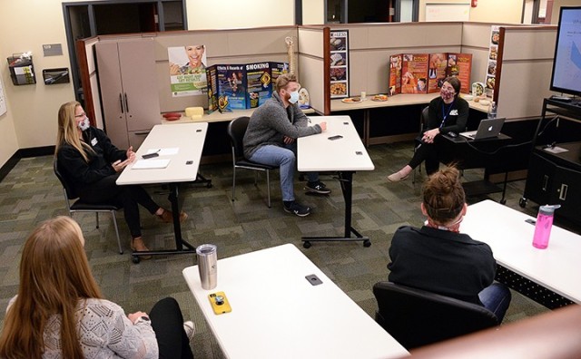 Tessa Brophy, Army Wellness Center director; Drake Grinde, health technician; Sydney White, health educator; Christine Cunningham, health educator; and Haley Smith, health educator, conduct staff training on biofeedback software used in stress...