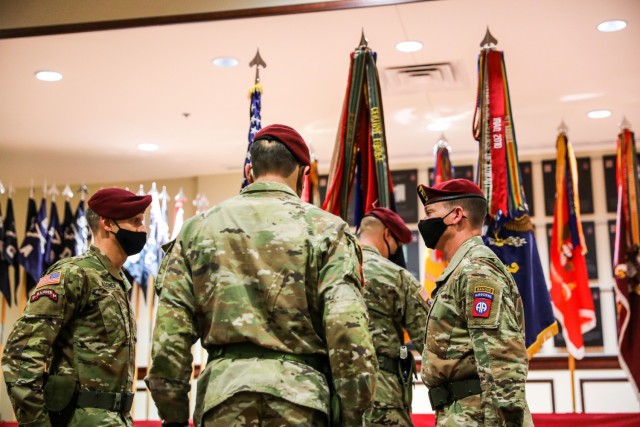 Commanding Officers of the 82nd Airborne Division participate in the ceremonial passing of the unit colors at the Hall of Heroes on Fort Bragg, N.C., Jan. 11, 2021. U.S. Army Col. Theodore Kleisner is the incoming brigade commander of the 1st Brigade Combat Team, 82nd Abn. Div. (U.S. Army photo by Pfc. Vincent Levelev)