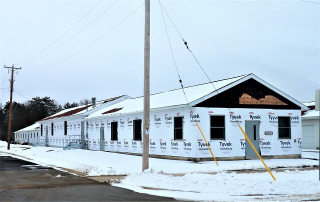 One of several World War II-era buildings under renovation is shown Jan. 7, 2021, at Fort McCoy, Wis. Contractor MDM Construction, headquartered in Rockford, Ill., is completing upgrades to 11 buildings in the 2500, 2600, 2700, and 2800 blocks on...