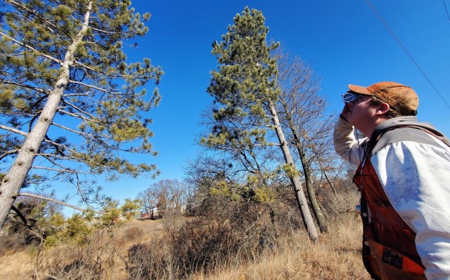 Forestry Technician Tim Parry uses a clinometer to measure the height of a tree while working on a forestry survey on the cantonment area Dec. 4, 2020, at Fort McCoy, Wis. Parry works with the Forestry Office of the Directorate of Public Works...