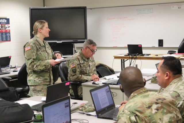 Master Sgt. Sarah Johnson teaches a class in the 89B Senior Leader Course on Jan. 28, 2020, in building 50 at Fort McCoy, Wis. The 89B training on post falls under the Fort McCoy Regional Training Site-Maintenance umbrella of training operations. (U.S. Army Photo by Scott T. Sturkol, Public Affairs Office, Fort McCoy, Wis.)