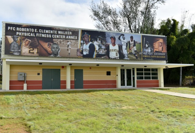 USAG Fort Buchanan conducted a memorialization ceremony of the garrison’s Physical Fitness Center Annex January 14, 2021, in honor of US Marine Corps Reserve Private First Class Roberto E. Clemente Walker. The facility's banner depicts images of Roberto Clemente when he joined the US Marine Corps Reserve in September 1958 where he served until September 1964.