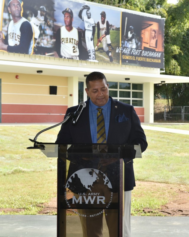 Luis Roberto Clemente, Roberto Clemente’ son, adresses attendees during the memorialization ceremony of the garrison’s Physical Fitness Center Annex January 14, 2021, in honor of US Marine Corps Reserve Private First Class Roberto E. Clemente Walker. Clemente, thanked Fort Buchanan on behalf of his family “for the honor to have a facility inside of Fort Buchanan military installation named after my Dad.”