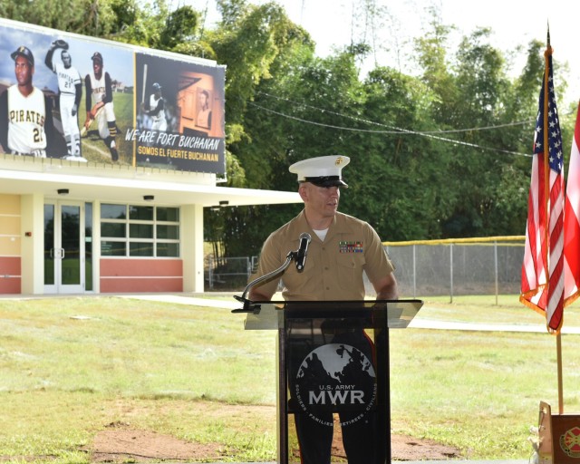 First Sergeant Jaime Alvarez, Senior Enlisted Advisor, U.S. Marine Corps Reserve, adresses attendees during the memorialization ceremony of the garrison’s Physical Fitness Center Annex January 14, 2021, in honor of US Marine Corps Reserve Private First Class Roberto E. Clemente Walker. First Sergeant Alvarez highlighted the values that make a good Marine were deeply embedded in Roberto Clemente’s life.