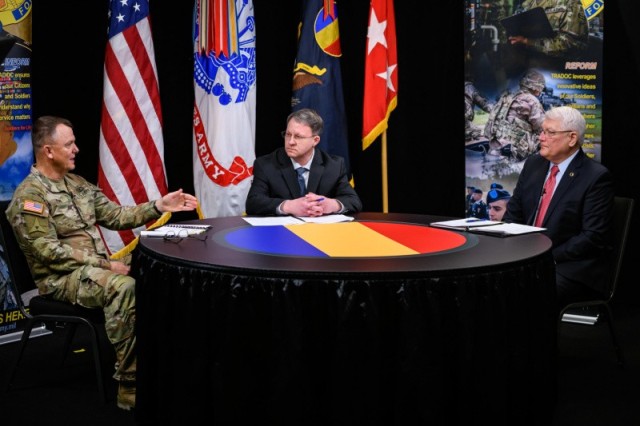 Gen. Paul E. Funk II, commanding general, U.S. Army Training and Doctrine Command (left), hosted retired Army Gen. Carter F. Ham, president and chief executive officer, Association of the United States Army (right), during a virtual leader professional development webinar, which was moderated by James Hoeft, TRADOC command information chief, that took place at Fort Eustis, VA, Jan. 13, 2021. The generals discussed Army values and ethics as they relate to leadership, recent national issues, and Operation Desert Storm during the one-hour session titled Ethical Leadership. The discussion was part of a series of live-streamed sessions on leadership and development with TRADOC leaders engaging a range of guests from different backgrounds.