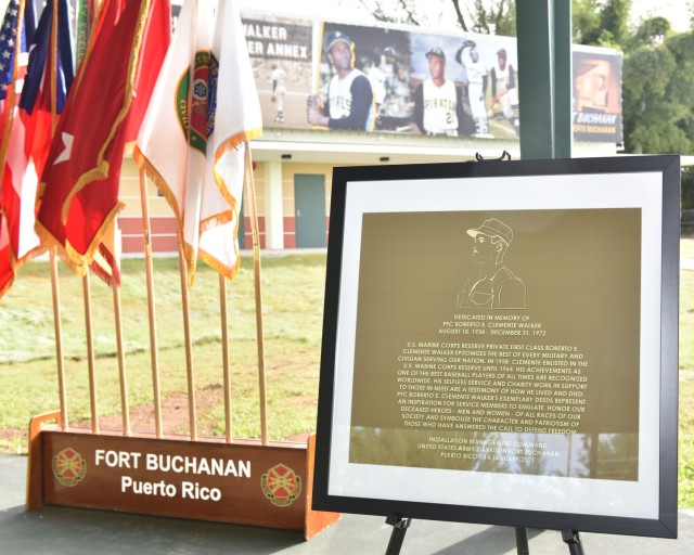 A framed copy of the facility's plaque was unveiled during the USAG Fort Buchanan memorialization ceremony of the garrison’s Physical Fitness Center Annex January 14, 2021, in honor of US Marine Corps Reserve Private First Class Roberto E. Clemente Walker.