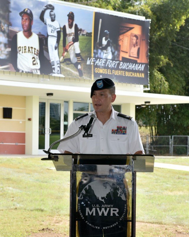 USAG Fort Buchanan Garrison Commander Col. Joseph B. Corcoran III, adresses attendees during the memorialization ceremony of the garrison’s Physical Fitness Center Annex January 14, 2021, in honor of US Marine Corps Reserve Private First Class Roberto E. Clemente Walker.