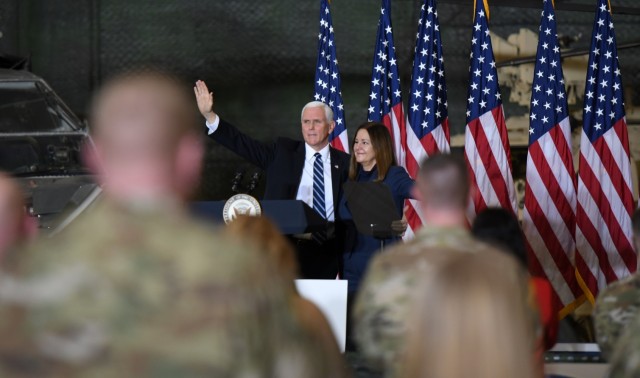 Vice President Mike Pence and Karen Pence thanked 10th Mountain Division (LI) Soldiers and family members for their service to the nation and talked about their experience as military parents during a visit to Fort Drum on Jan. 17. (Photo by Mike...