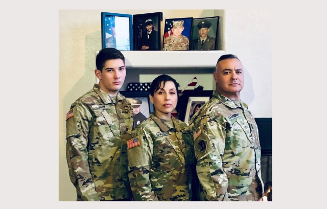 The Saavedra family: Pvt. Jeremiah Shaw, Staff Sgt. Tanya Saavedra and 1st Sgt. Jason Saavedra. Tanya Saavedra reenlisted in the National Guard after 14 years in the Navy. Jason Saavedra is a 21-year veteran of the National Guard. Shaw, a 17-year-old high school senior, enlisted in the Guard at the end of his junior year. 