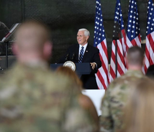 Vice President Mike Pence addresses an audience of 10th Mountain Division (LI) Soldiers and family members on Jan. 17 at Wheeler-Sack Army Airfield, thanking them for their service to the nation. (Photo by Mike Strasser, Fort Drum Garrison Public...