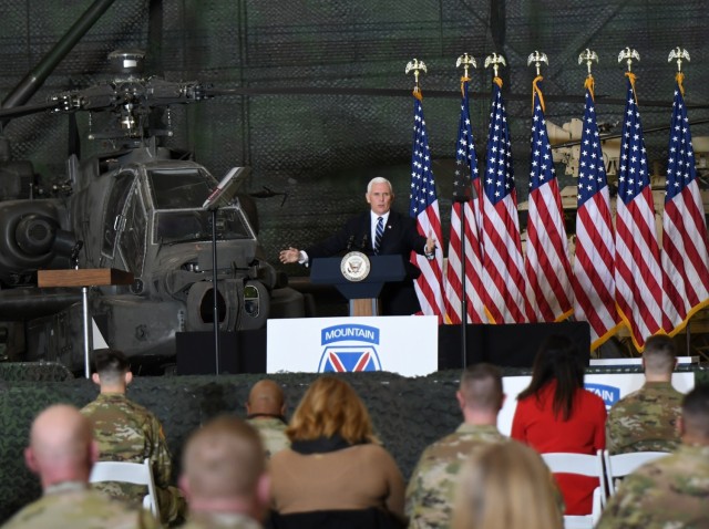 Vice President Mike Pence addresses an audience of 10th Mountain Division (LI) Soldiers and family members on Jan. 17 at Fort Drum's Wheeler-Sack Army Airfield, thanking them for their service to the nation. (Photo by Mike Strasser, Fort Drum...