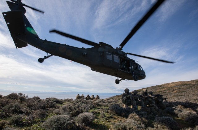 U.S. Army AH-64E Apache and UH-60M Black Hawk helicopters assigned to 1st Battalion, 101st Combat Aviation Brigade, 101st Airborne Division (Air Assault) participate in Eddie's Odyssey, a first-time joint exercise with U.S. and Greek aviation and...
