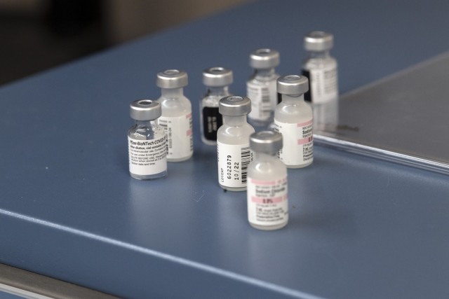 Empty vials of COVID-19 vaccine at Fort Jackson.