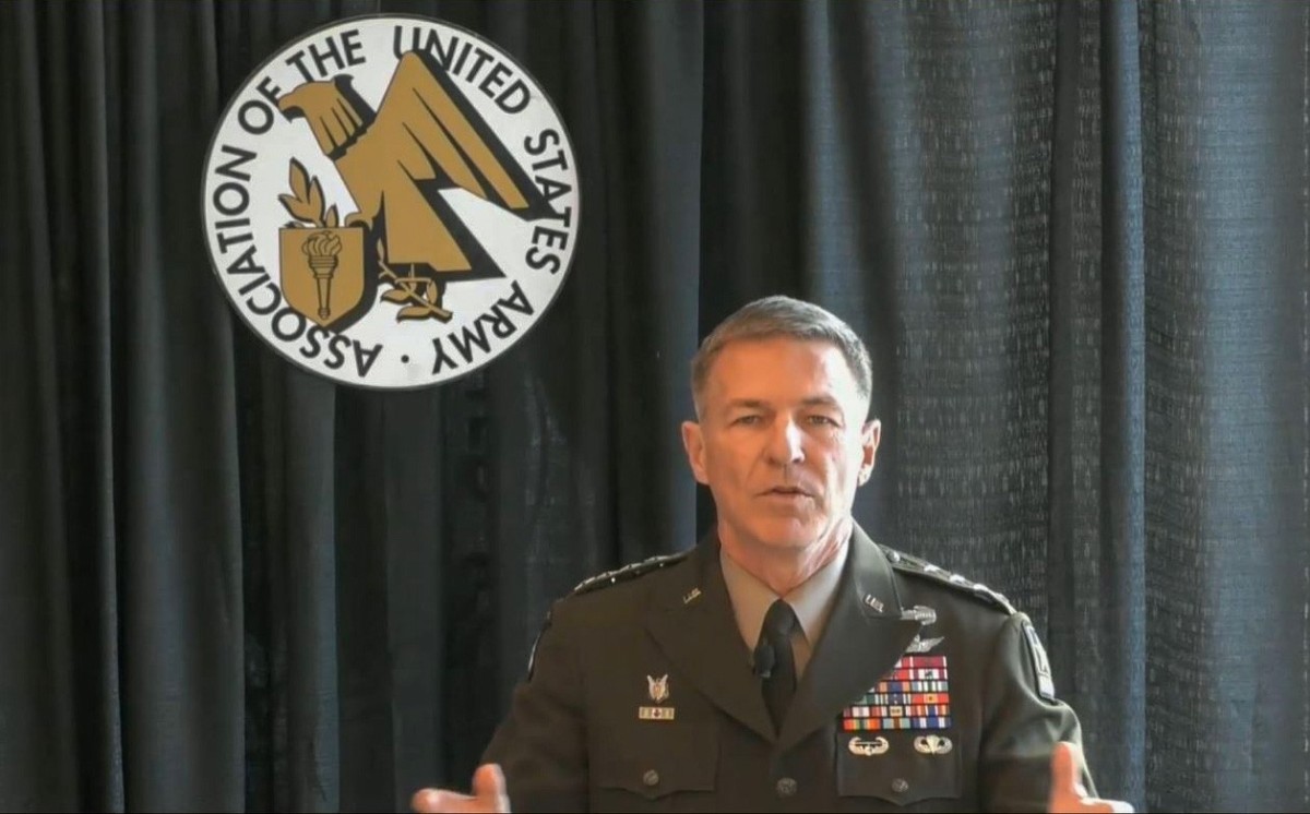 Army Chief of Staff Gen. James C. McConville speaks during an Association of the U.S. Army Noon Report in Arlington, Va., Jan. 19, 2021.