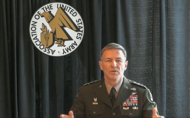 Army Chief of Staff Gen. James C. McConville speaks during an Association of the U.S. Army Noon Report in Arlington, Va., Jan. 19, 2021. 