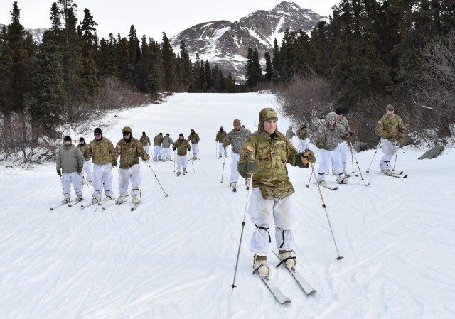 Soldiers practice cross-country ski techniques during a cold weather leaders course at the Northern Warfare Training Center, Alaska, March 6, 2019. Army Chief of Staff Gen. James C. McConville spoke about the Army&#39;s new Arctic strategy during...