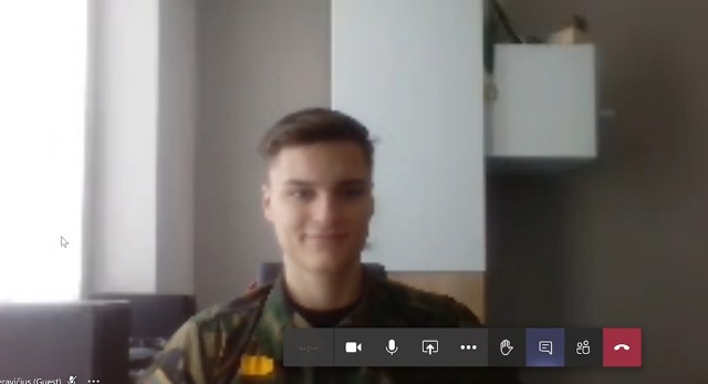 Jokubas Kasperavicius, a Lithuanian military cadet attending the General Povilas Plechavicius Cadet Lyceum, Kunas, speaks to U.S. Troopers assigned to 2nd Battalion, 8th Cavalry Regiment during a Jan. 15, 2021, video teleconference. During the VTC, Kasperavicius was able to ask questions of the Troopers about their military occupational specialties and what life is like for a U.S. Soldier. (U.S. Army photo by Sgt. Alexandra Shea)