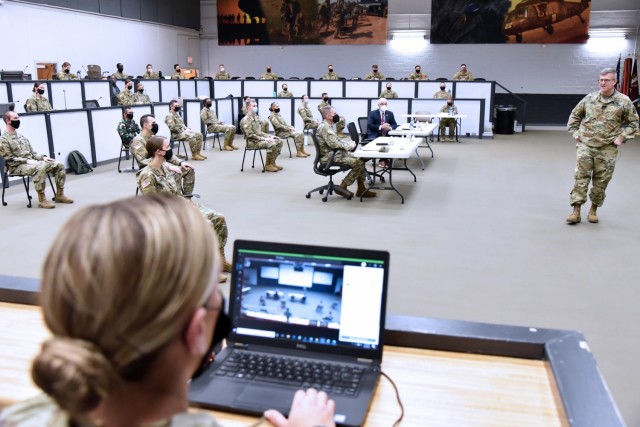 Lt. Gen. James Rainey, Commanding General, U.S. Army Combined Arms Center (CAC) and Fort Leavenworth, Kansas, speaking to students attending the MEDCoE Captains Career Course. Do to COVID-19 restrictions some students also participated online from...