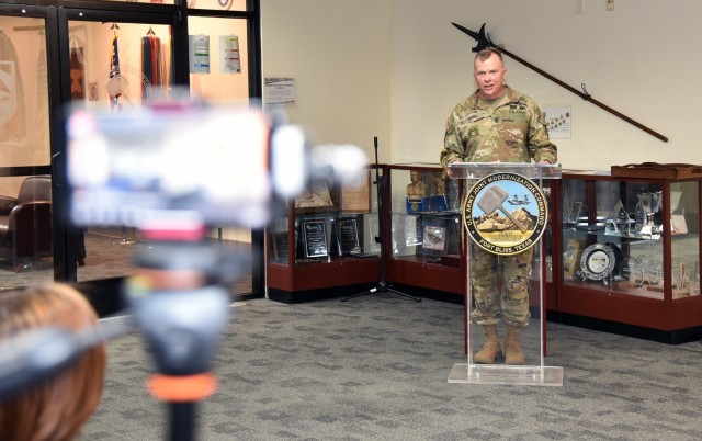 Command Sgt. Maj. Christopher Gunn speaks during his Relinquishment of Responsibility Ceremony on Jan. 19 at Fort Bliss, Texas. (Photo by Jonathan "Jay" Koester / U.S. Army Joint Modernization Command)